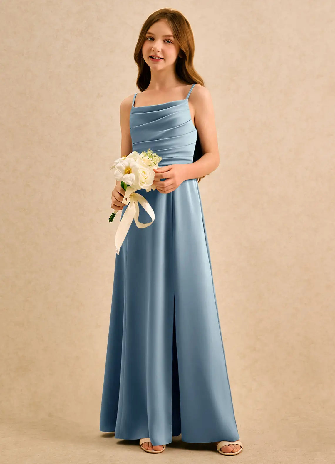 Spaghetti Strap Ruched Bodice Back Big Bow Dusty Blue Satin Slit Full-Length Junior Bridesmaid Dresses