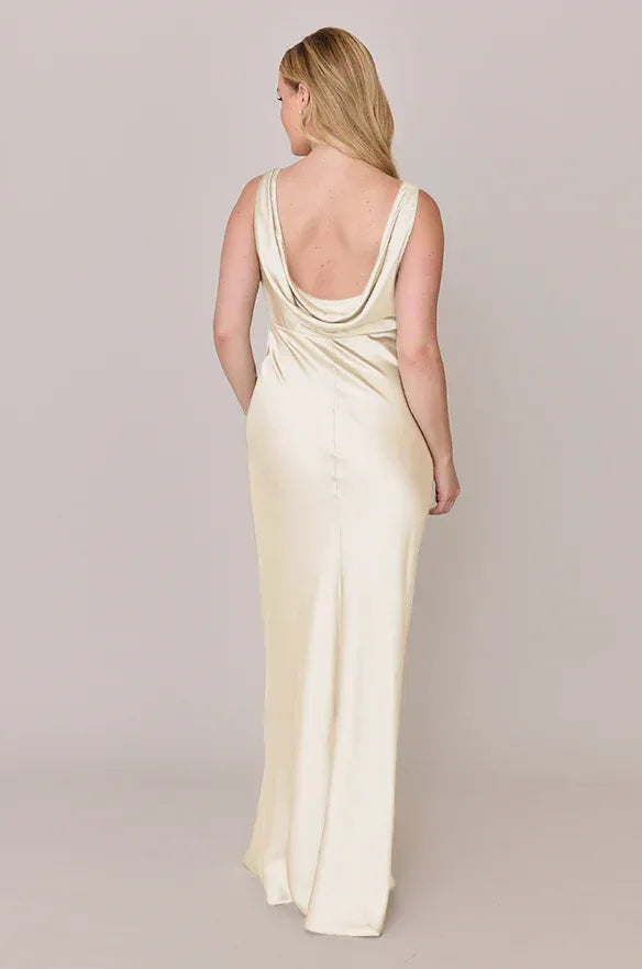 Spaghetti Strap Ruched Bust Cowl Open Back Mermaid Satin Long Bridesmaid Dress