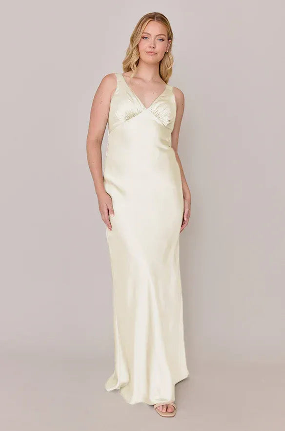 Spaghetti Strap Ruched Bust Cowl Open Back Mermaid Satin Long Bridesmaid Dress