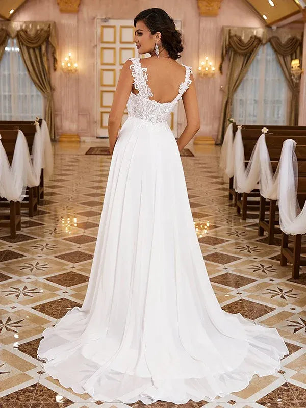 Spaghetti‑Strap Scalloped‑Lace‑Bodice Chiffon A‑Line Wedding Dress With High‑Slit & Low‑Open‑Back Detail