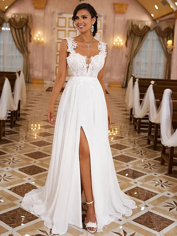 Spaghetti‑Strap Scalloped‑Lace‑Bodice Chiffon A‑Line Wedding Dress With High‑Slit & Low‑Open‑Back Detail