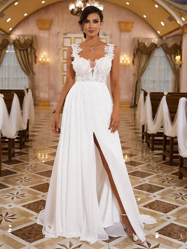 Spaghetti‑Strap Scalloped‑Lace‑Bodice Chiffon A‑Line Wedding Dress With High‑Slit & Low‑Open‑Back Detail