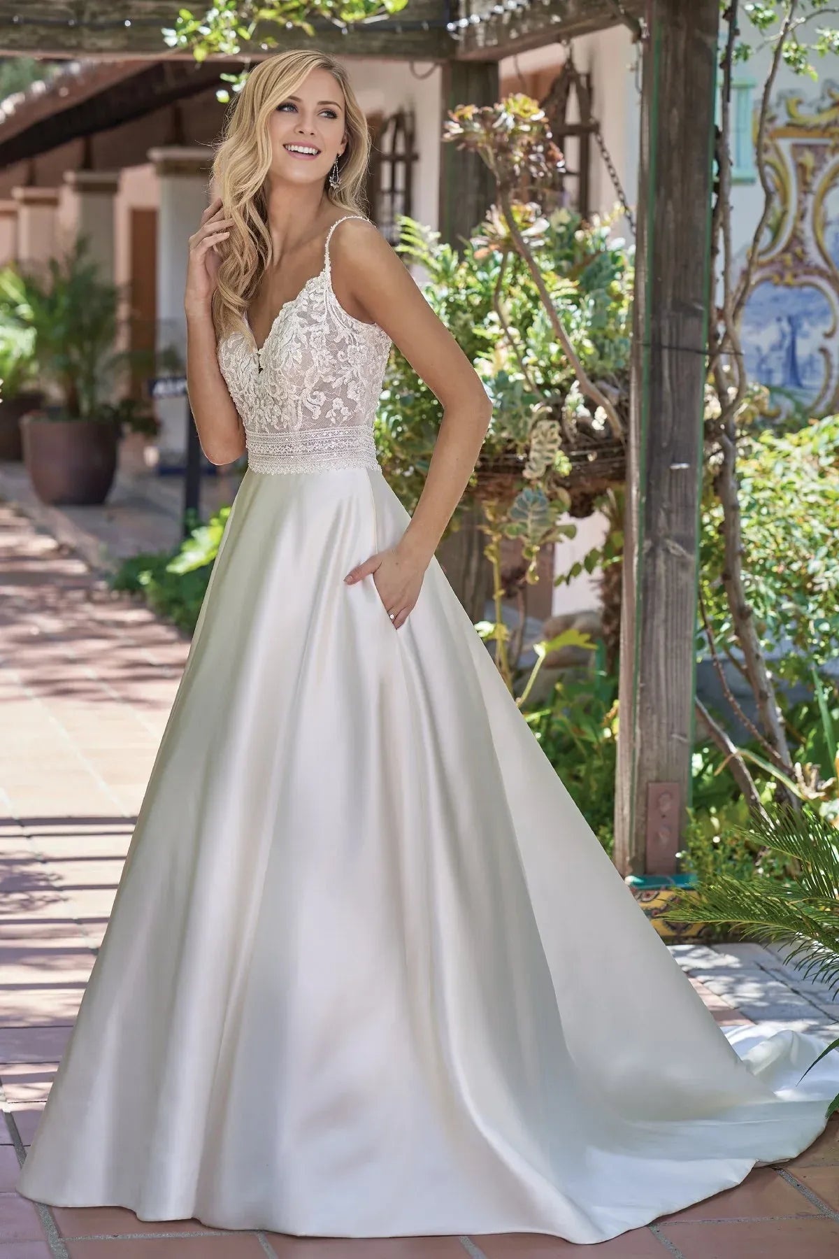 Spaghetti‑Strap Sequin‑Lace Satin A‑Line Wedding Dress With Pockets & Pearl‑Trim‑Back Detail