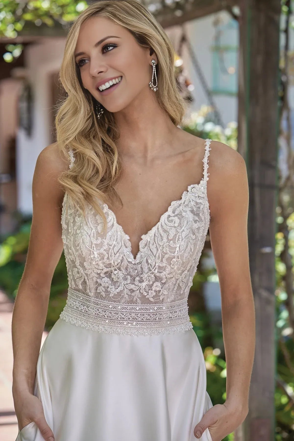 Spaghetti‑Strap Sequin‑Lace Satin A‑Line Wedding Dress With Pockets & Pearl‑Trim‑Back Detail