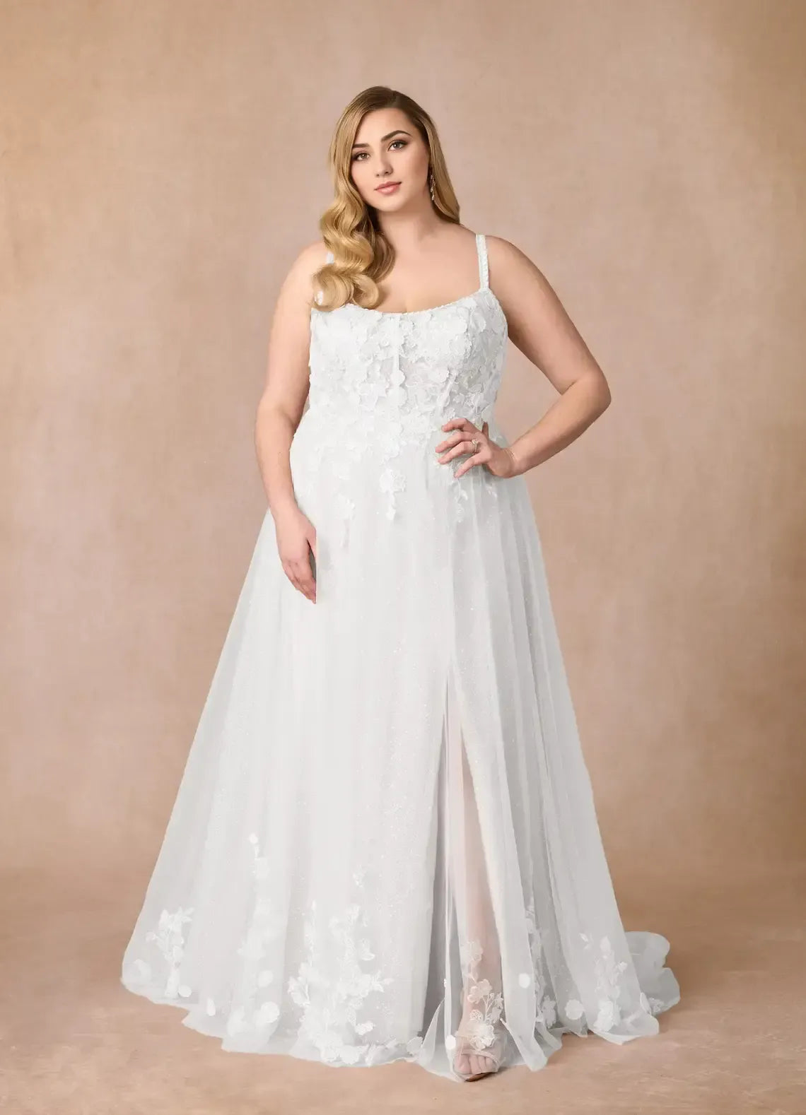 Spaghetti Strap Square Neck 3D Floral Applique Side Slit Plus Size Glitter Tulle A Line Wedding Dress