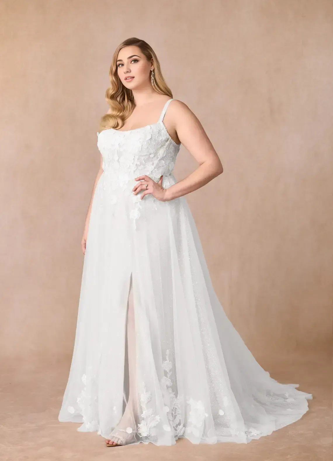 Spaghetti Strap Square Neck 3D Floral Applique Side Slit Plus Size Glitter Tulle A Line Wedding Dress