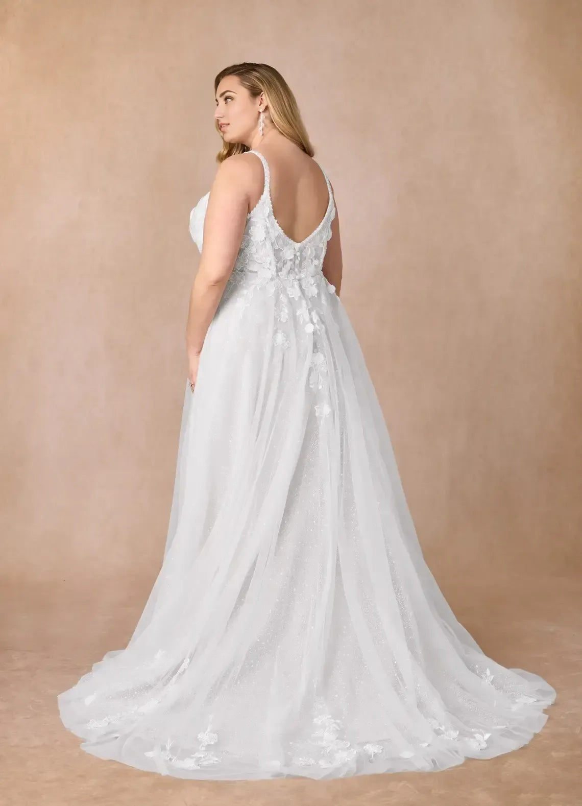 Spaghetti Strap Square Neck 3D Floral Applique Side Slit Plus Size Glitter Tulle A Line Wedding Dress