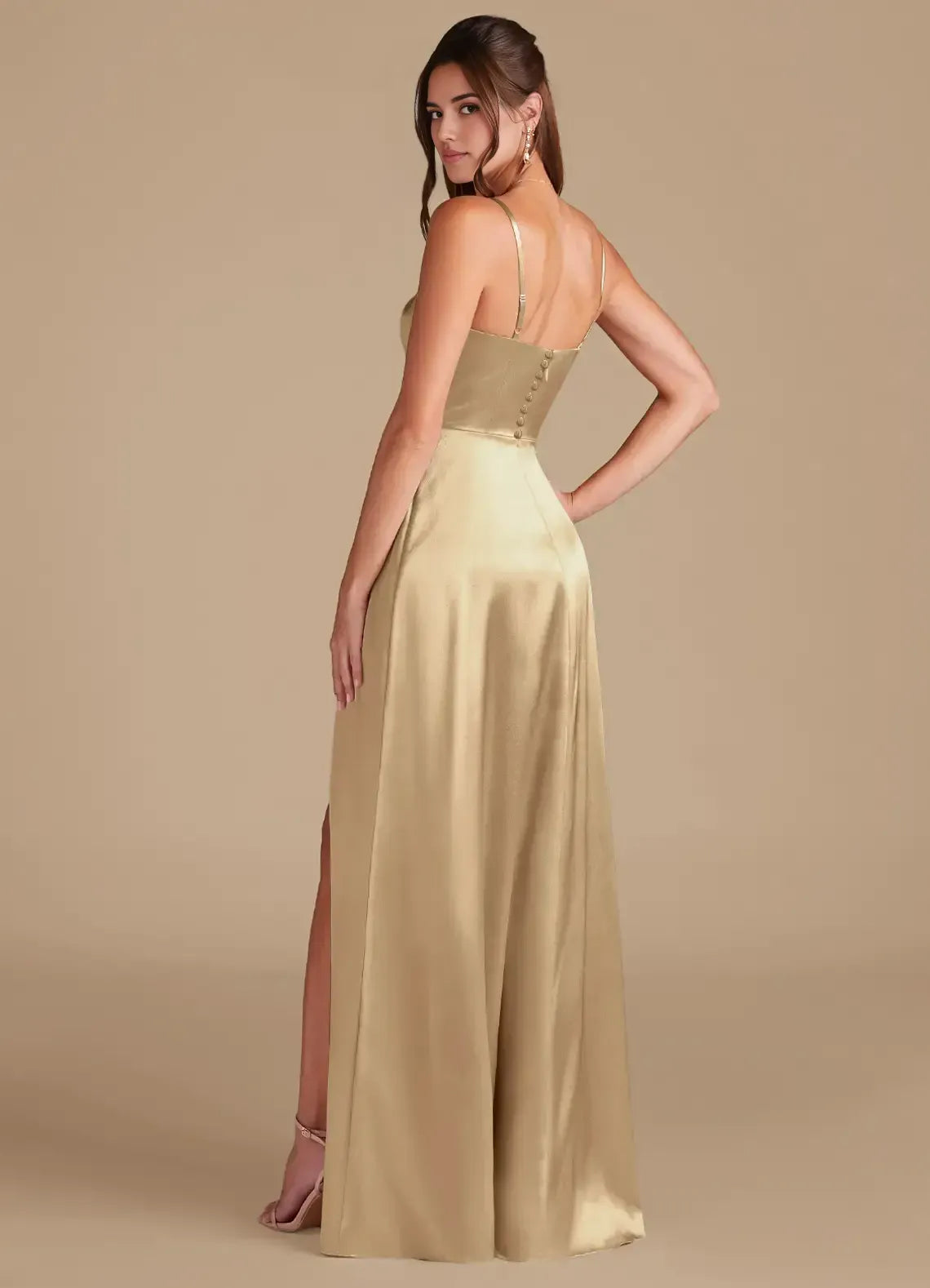 Spaghetti Strap Square Neck Back Button High Slit Satin Long Bridesmaid Dress
