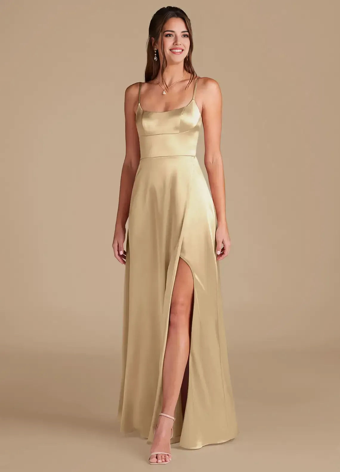 Spaghetti Strap Square Neck Back Button High Slit Satin Long Bridesmaid Dress