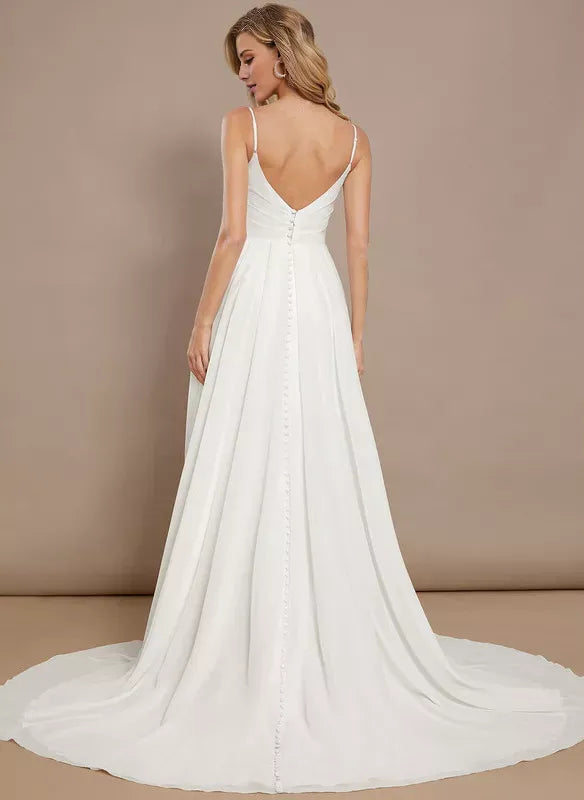 Spaghetti‑Strap Square‑Neck Chiffon A‑Line Wedding Dress With High‑Slit & Low‑V‑Back Pearl‑Button Detail