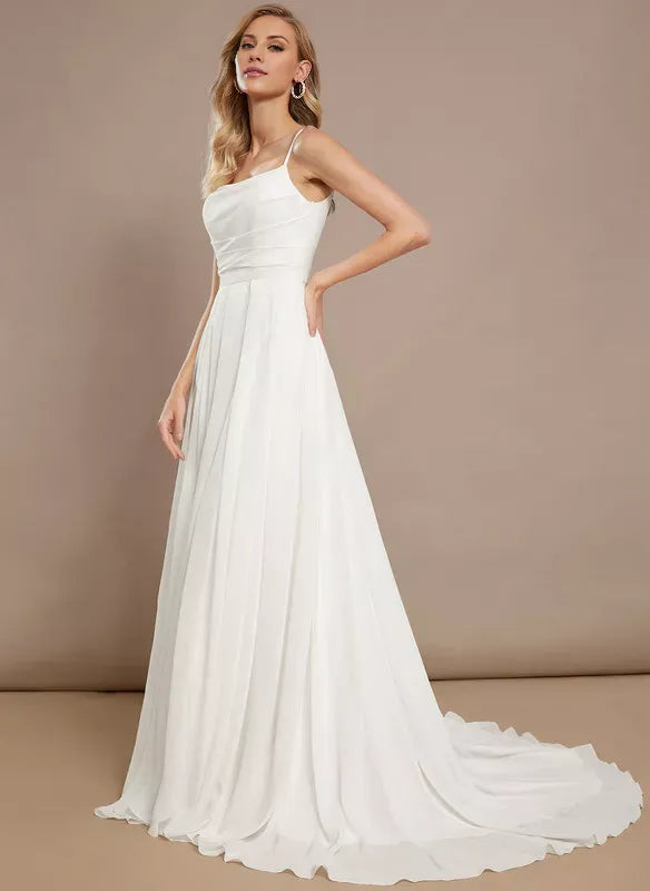 Spaghetti‑Strap Square‑Neck Chiffon A‑Line Wedding Dress With High‑Slit & Low‑V‑Back Pearl‑Button Detail