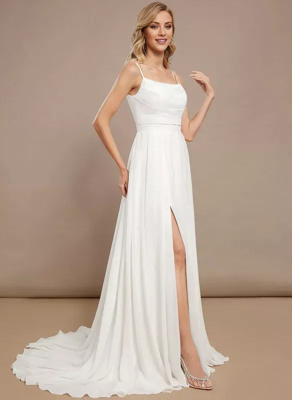 Spaghetti‑Strap Square‑Neck Chiffon A‑Line Wedding Dress With High‑Slit & Low‑V‑Back Pearl‑Button Detail