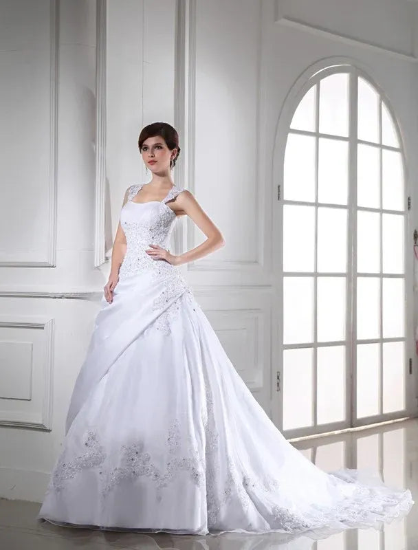 Spaghetti‑Strap Square‑Neck Satin Ball‑Gown Wedding Dress With Lace Beading & Corset‑Back Detail