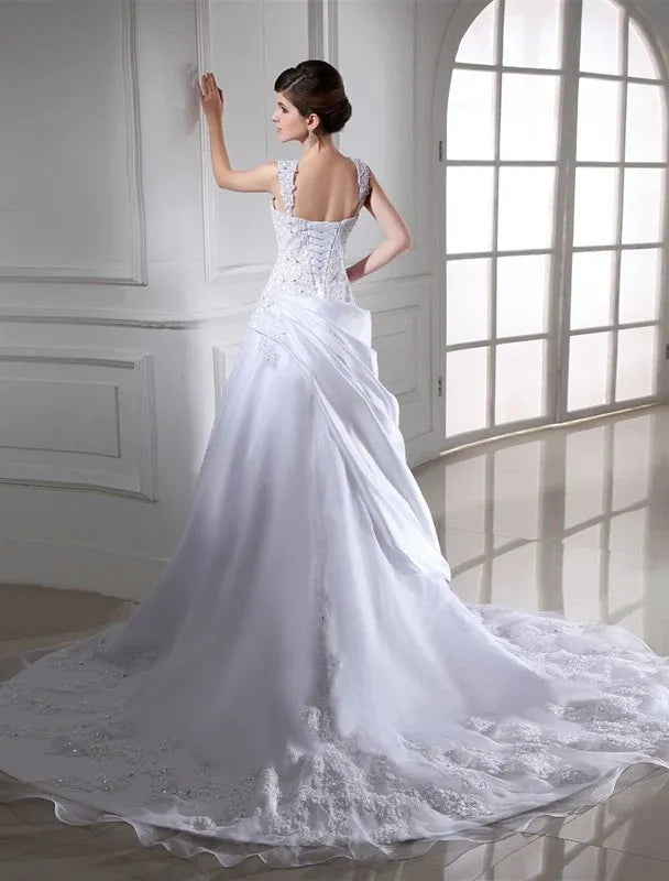 Spaghetti‑Strap Square‑Neck Satin Ball‑Gown Wedding Dress With Lace Beading & Corset‑Back Detail