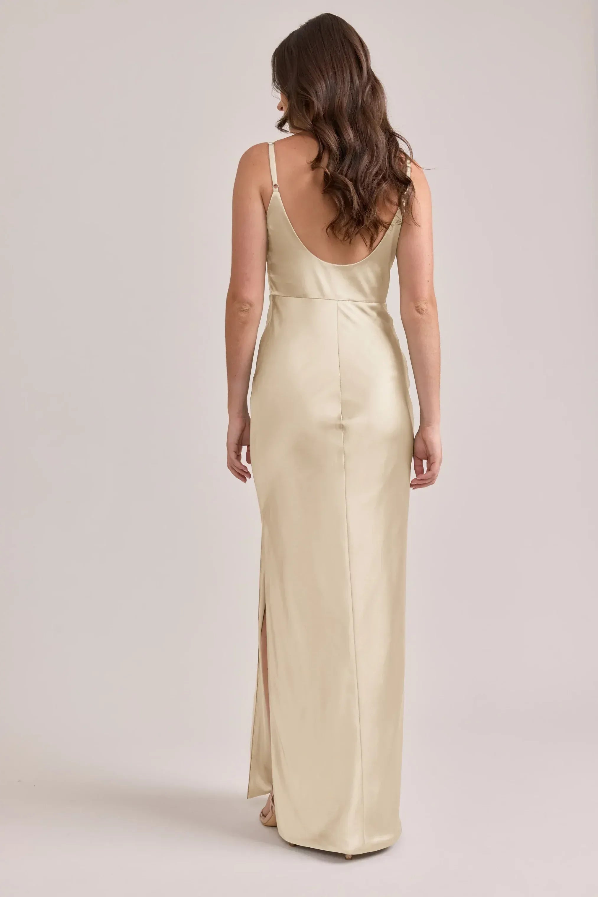 Spaghetti Strap Square Neck Scoop Back High Slit Satin Mermaid Long Bridesmaid Dress