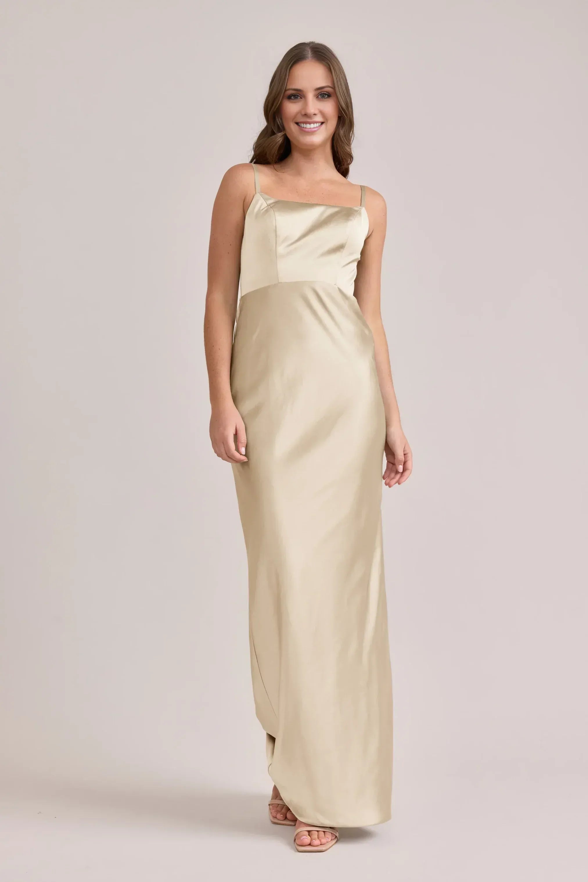 Spaghetti Strap Square Neck Scoop Back High Slit Satin Mermaid Long Bridesmaid Dress
