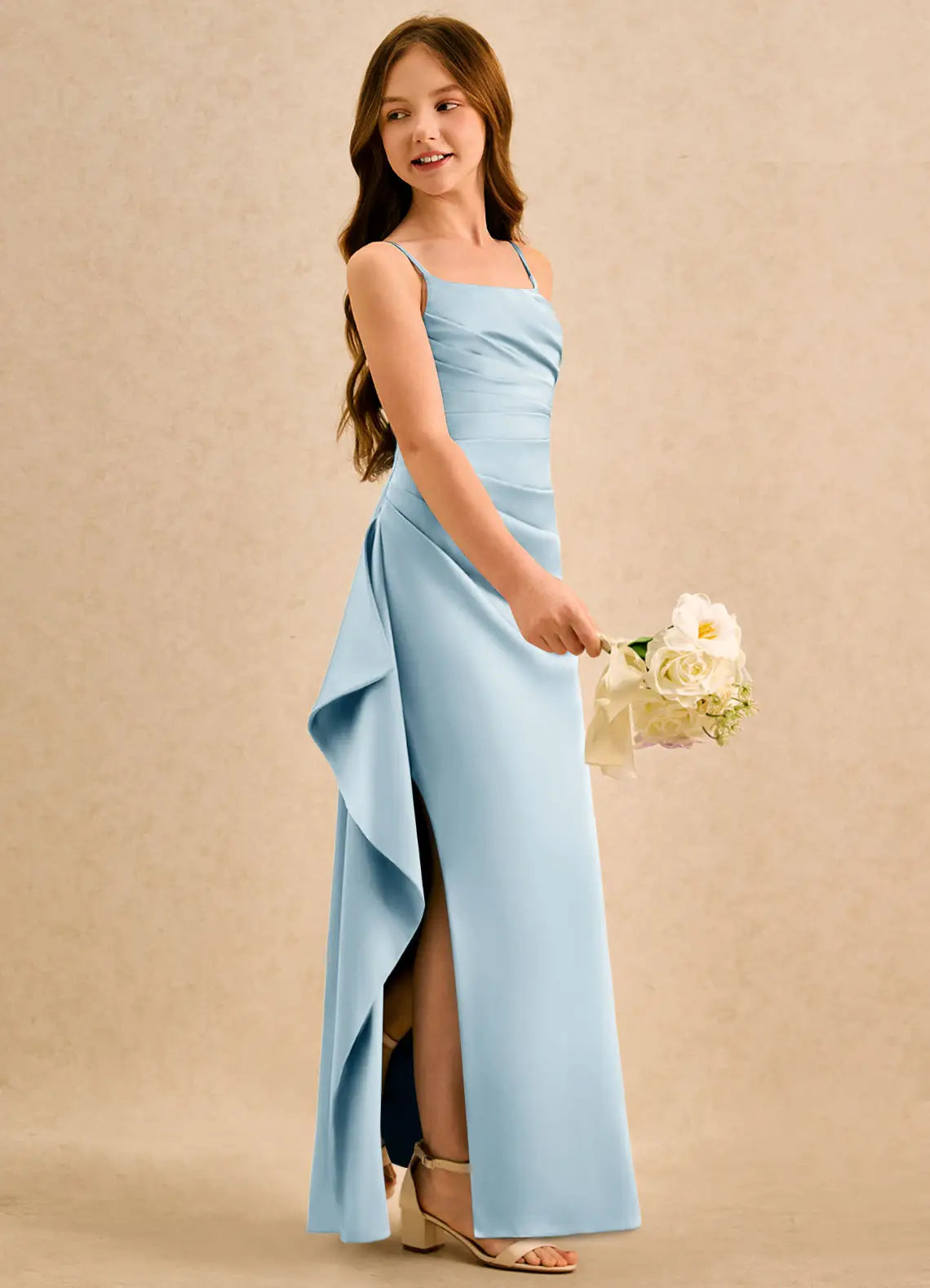 Spaghetti Strap Square Ruched Side Slit Light Blue Satin Long Junior Bridesmaid Dresses