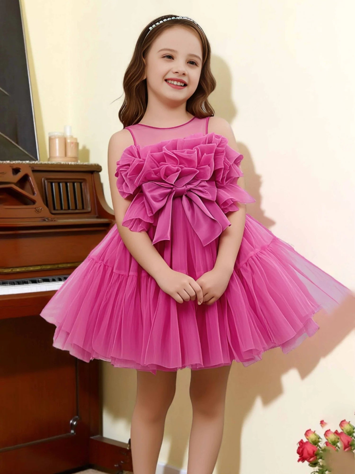 Spaghetti Strap V Back Dual Giant Tulle Bow Hot Pink Multi-Layer Ruffle Tulle Knee-Length Flower Girl Dresses