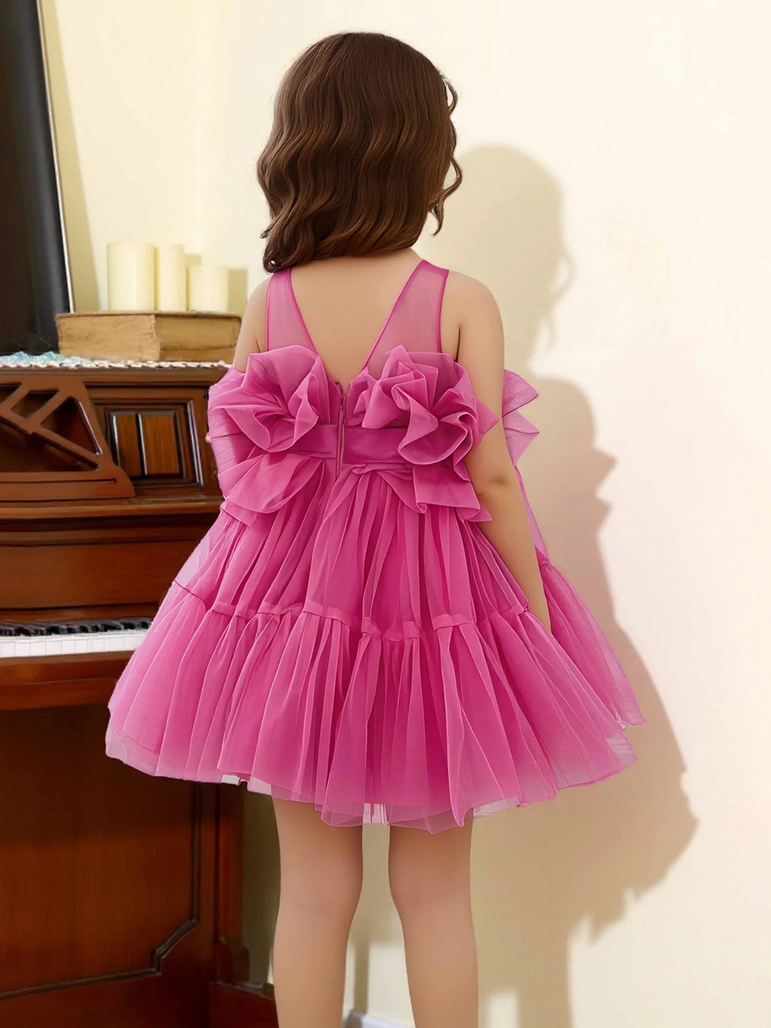 Spaghetti Strap V Back Dual Giant Tulle Bow Hot Pink Multi-Layer Ruffle Tulle Knee-Length Flower Girl Dresses