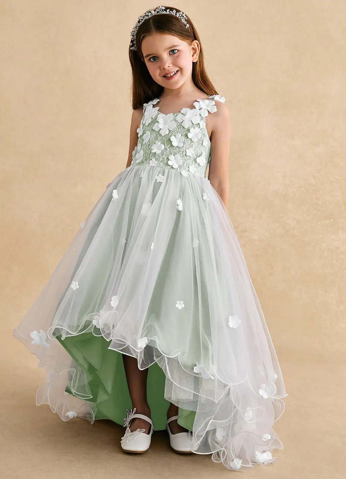 Spaghetti Strap V Back Large Satin Bow All Over 3D Floral Green Tulle High-Low Midi Flower Girl Dresses