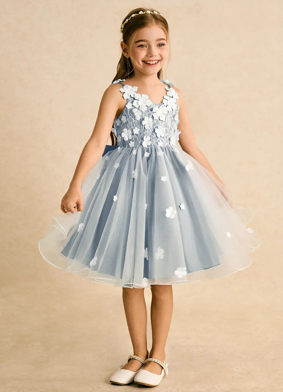 Spaghetti Strap V Back Large Satin Bow All Over 3D Floral Light Blue Lace Tulle Knee-Length Flower Girl Dresses