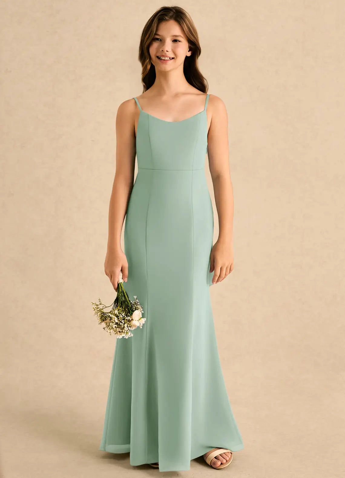 Spaghetti Strap V Back Sage Green Chiffon Full-Length Mermaid Junior Bridesmaid Dresses with Cascading Ruffle