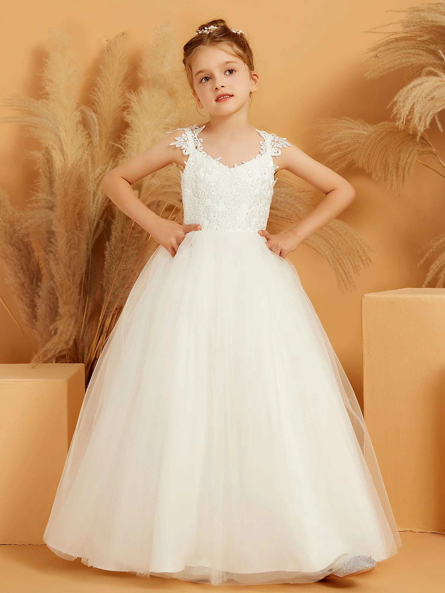 Spaghetti Strap V Neck Cap Sleeve Floral Lace White Tulle Floor Length Flower Girl Dresses