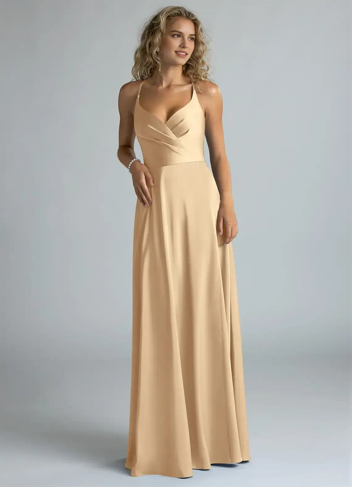 Spaghetti Strap V Neck Crisscross Open Back A Line Satin Long Bridesmaid Dress