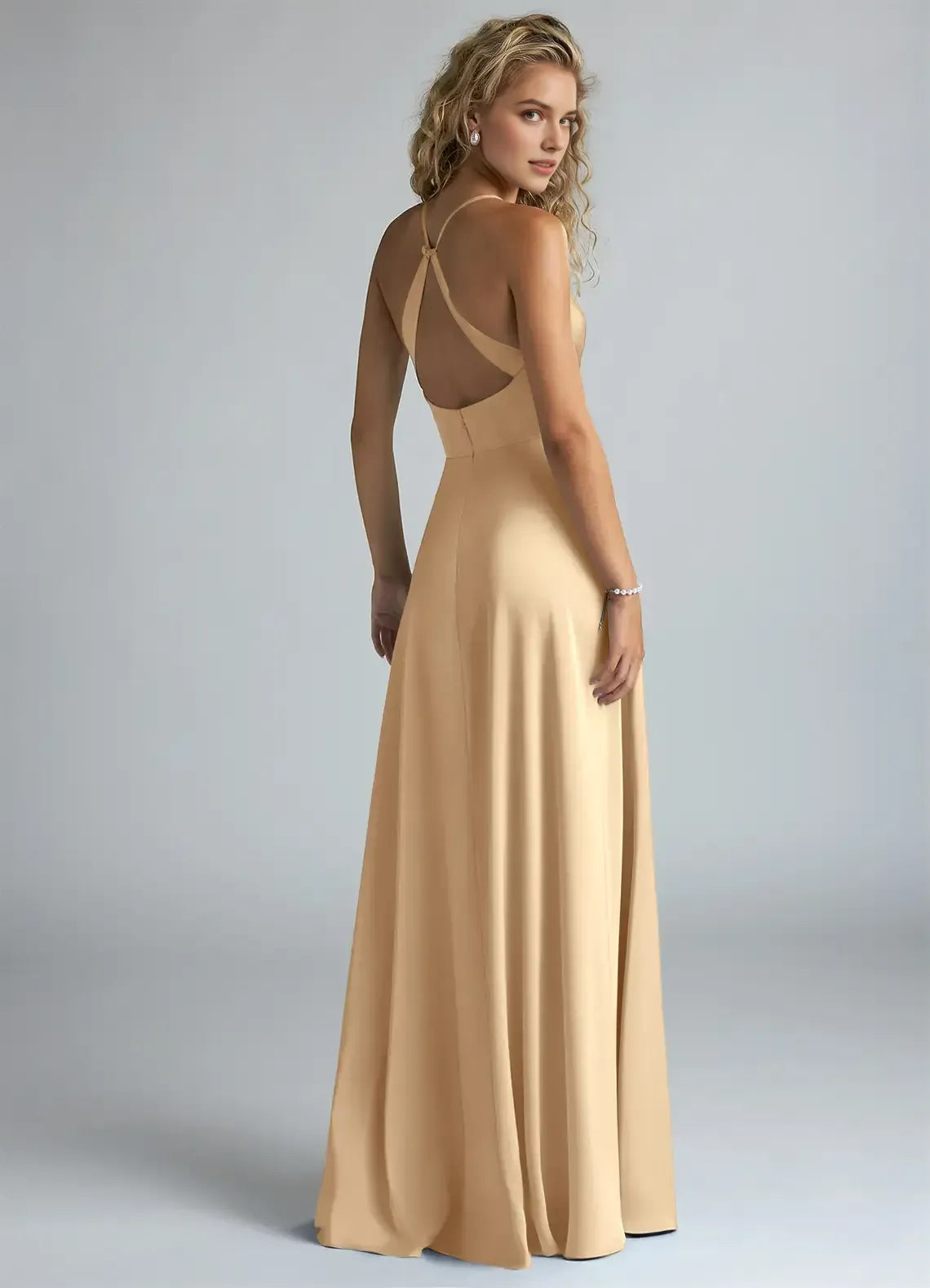 Spaghetti Strap V Neck Crisscross Open Back A Line Satin Long Bridesmaid Dress