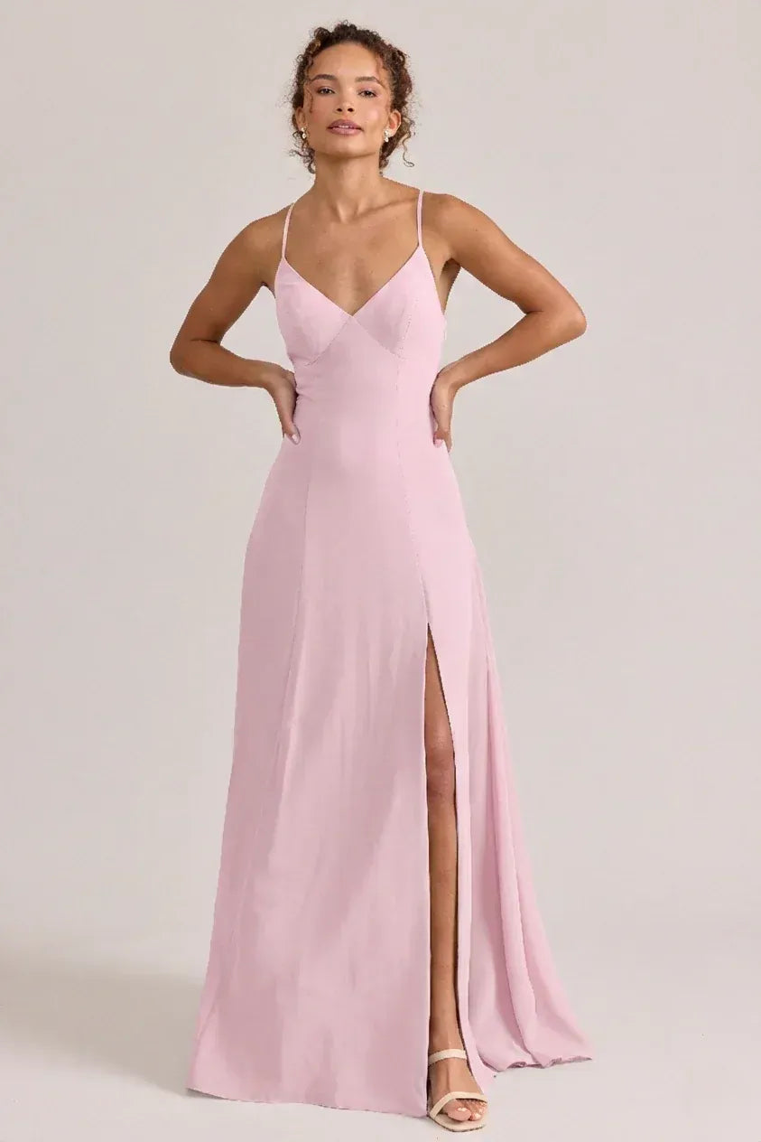 Spaghetti Strap V Neck Crisscross X Back High Slit A Line Chiffon Bridesmaid Dress