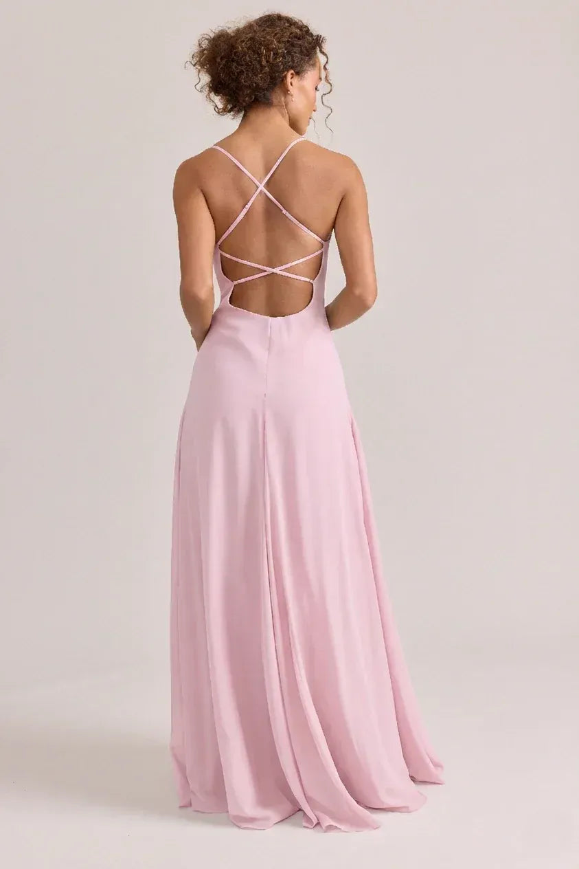 Spaghetti Strap V Neck Crisscross X Back High Slit A Line Chiffon Bridesmaid Dress