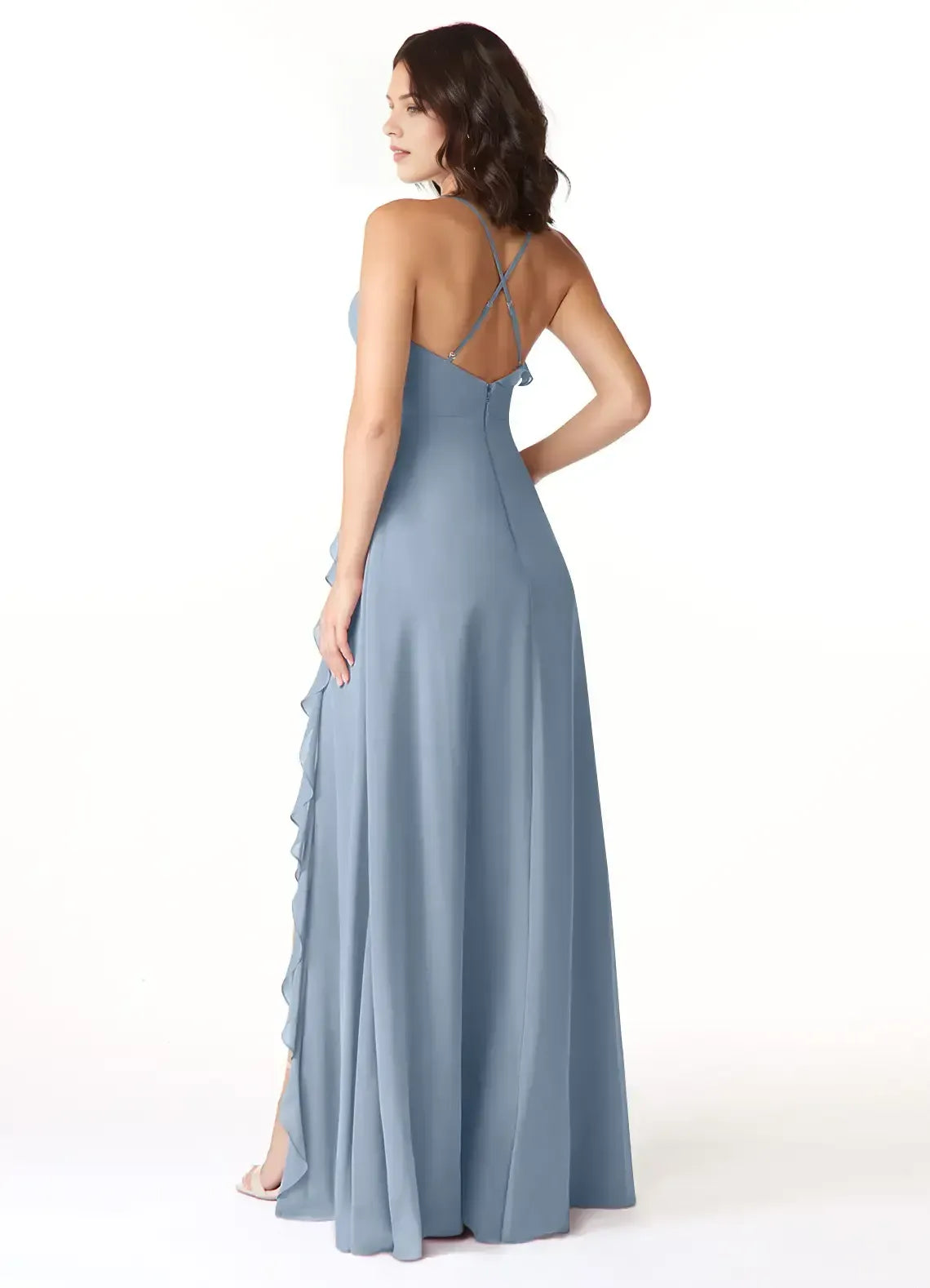 Spaghetti Strap V Neck Cross Back Cascading Ruffle High Slit A Line Chiffon Bridesmaid Dress