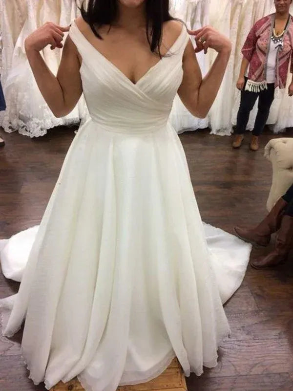 Spaghetti Strap V Neck Cross Ruched Chiffon A Line Simple Wedding Dress With Sweep Train