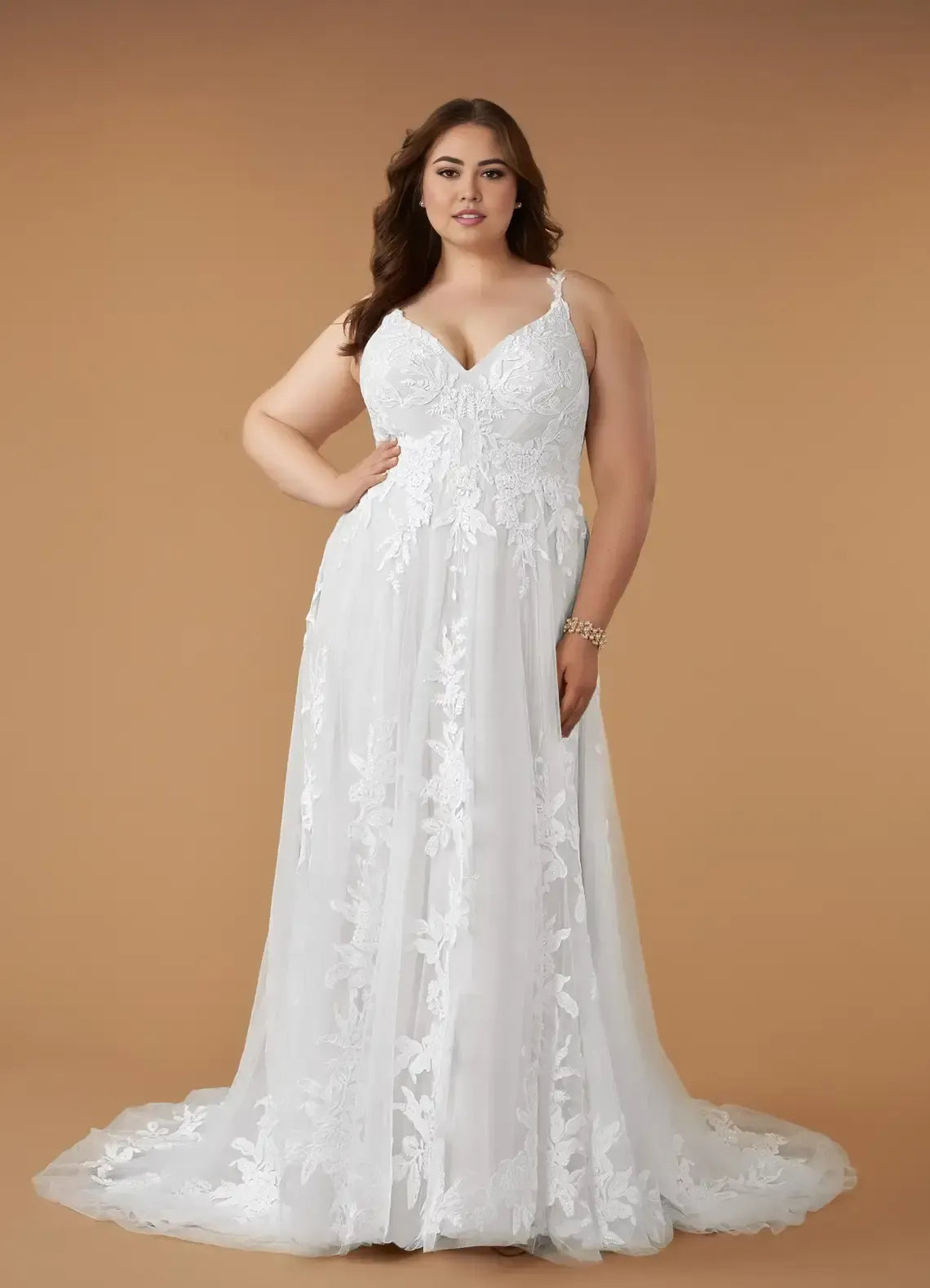 Spaghetti Strap V Neck Floral Lace Appliqué Plus Size Tulle A Line Wedding Dress With Sweep Train