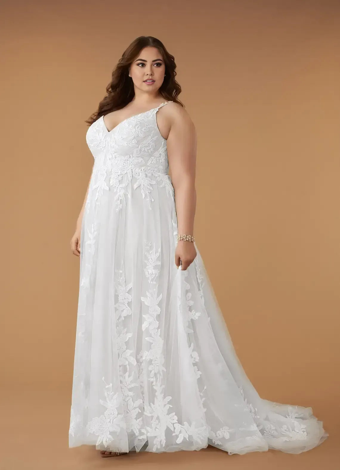 Spaghetti Strap V Neck Floral Lace Appliqué Plus Size Tulle A Line Wedding Dress With Sweep Train