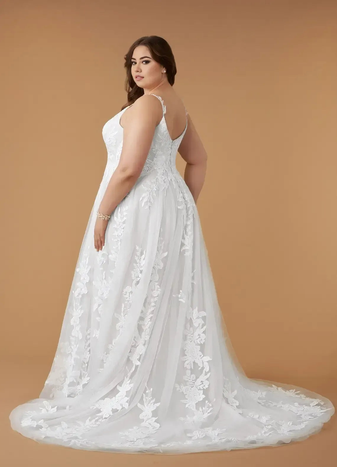Spaghetti Strap V Neck Floral Lace Appliqué Plus Size Tulle A Line Wedding Dress With Sweep Train