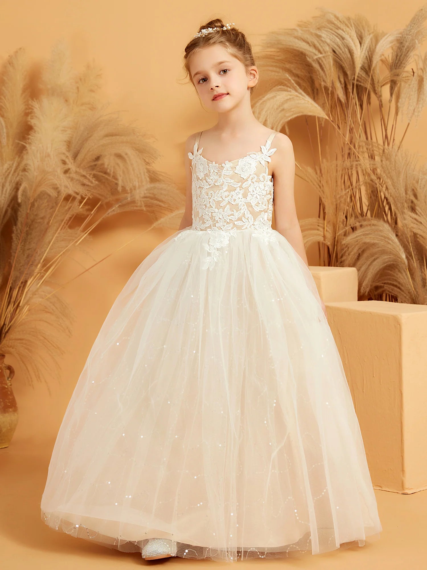 Spaghetti Strap V Neck Floral Lace Sequin Ivory Tulle Floor Length Flower Girl Dresses