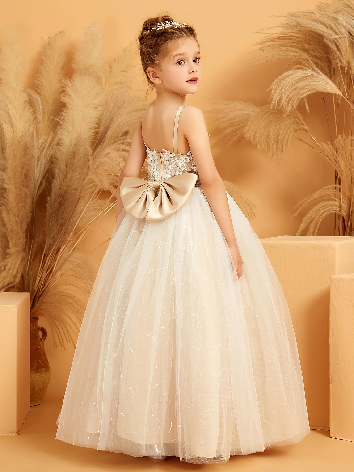 Spaghetti Strap V Neck Floral Lace Sequin Ivory Tulle Floor Length Flower Girl Dresses