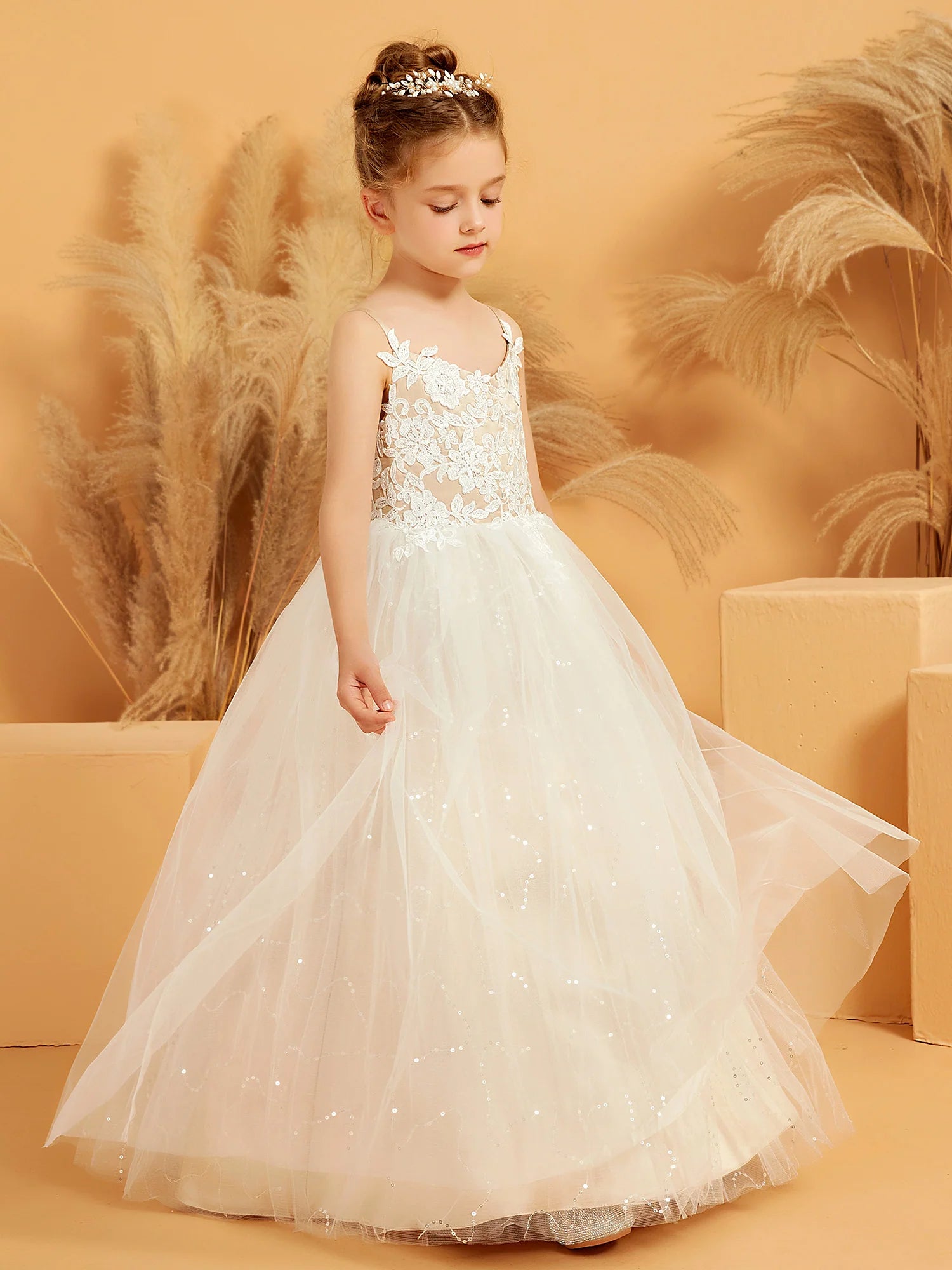 Spaghetti Strap V Neck Floral Lace Sequin Ivory Tulle Floor Length Flower Girl Dresses