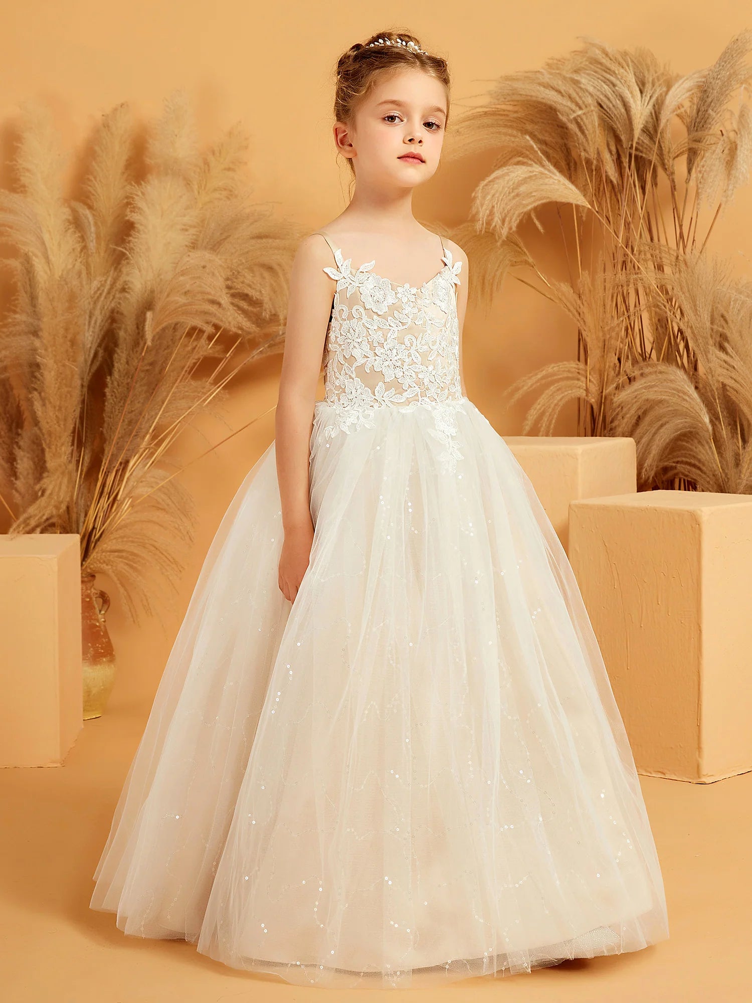Spaghetti Strap V Neck Floral Lace Sequin Ivory Tulle Floor Length Flower Girl Dresses