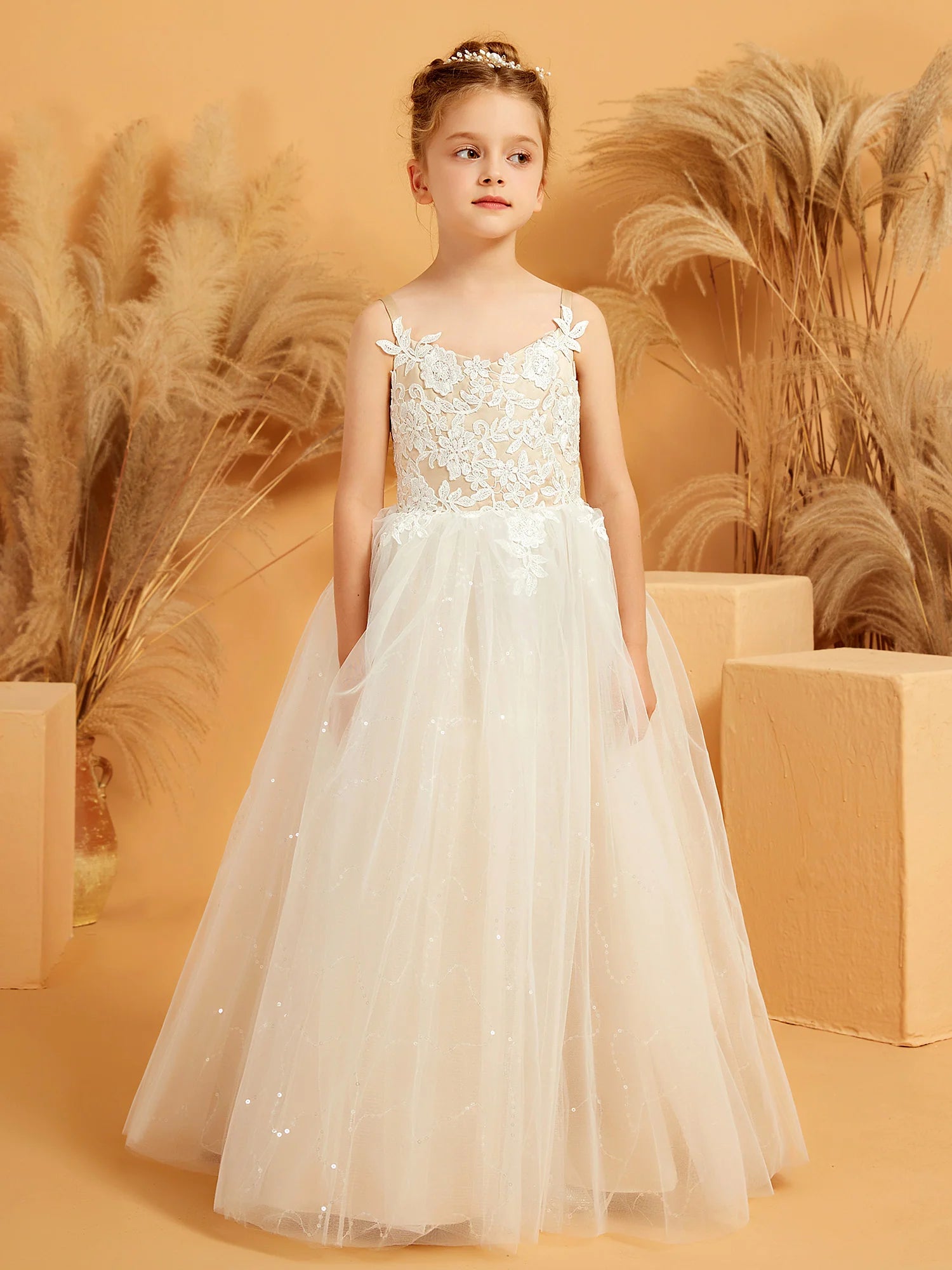 Spaghetti Strap V Neck Floral Lace Sequin Ivory Tulle Floor Length Flower Girl Dresses