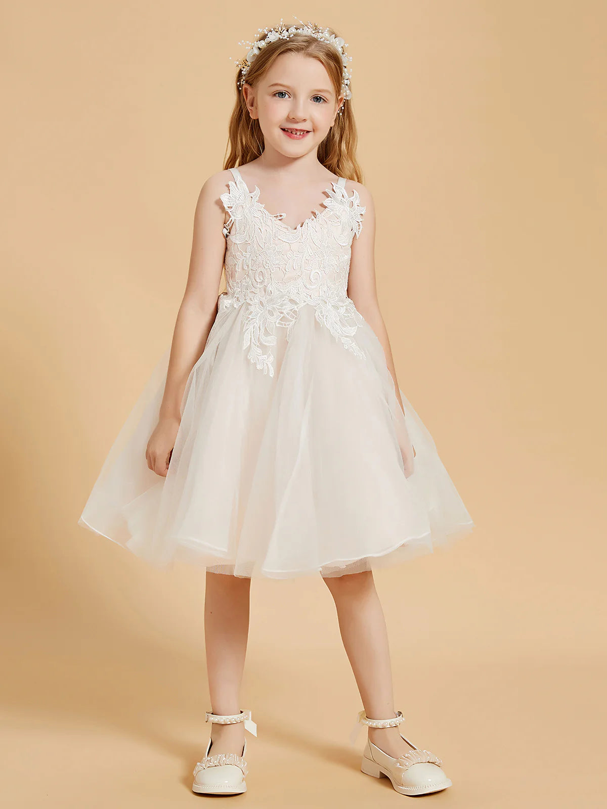 Spaghetti Strap V Neck Floral Lace White Tulle Knee Length Flower Girl Dresses