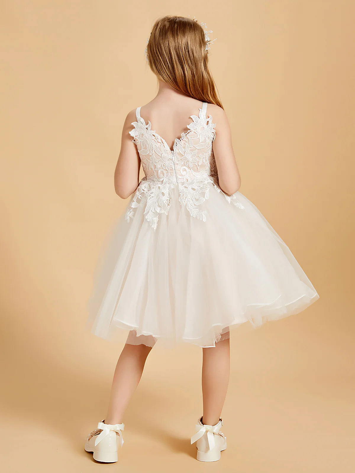 Spaghetti Strap V Neck Floral Lace White Tulle Knee Length Flower Girl Dresses