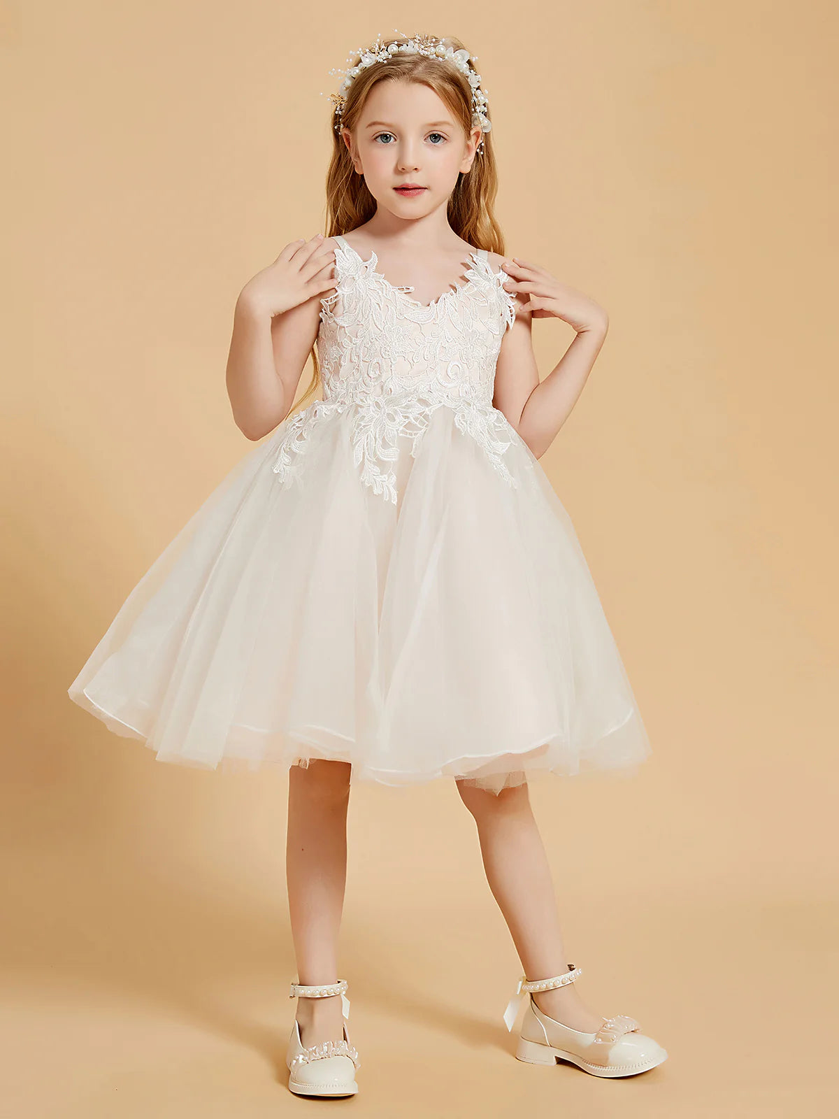 Spaghetti Strap V Neck Floral Lace White Tulle Knee Length Flower Girl Dresses