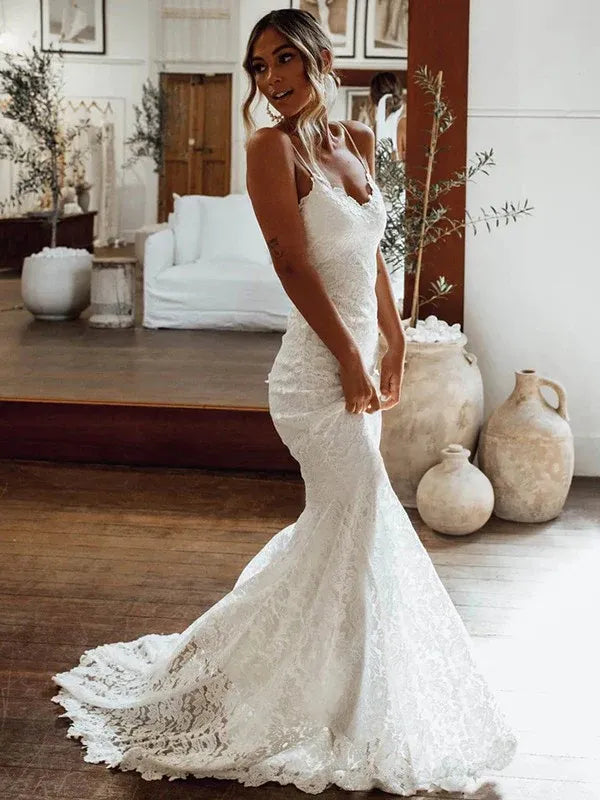 Spaghetti‑Strap V‑Neck Full‑Lace Mermaid Wedding Dress With Scalloped‑Lace‑Trimmed Sweep Train