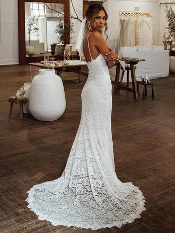 Spaghetti‑Strap V‑Neck Full‑Lace Mermaid Wedding Dress With Scalloped‑Lace‑Trimmed Sweep Train