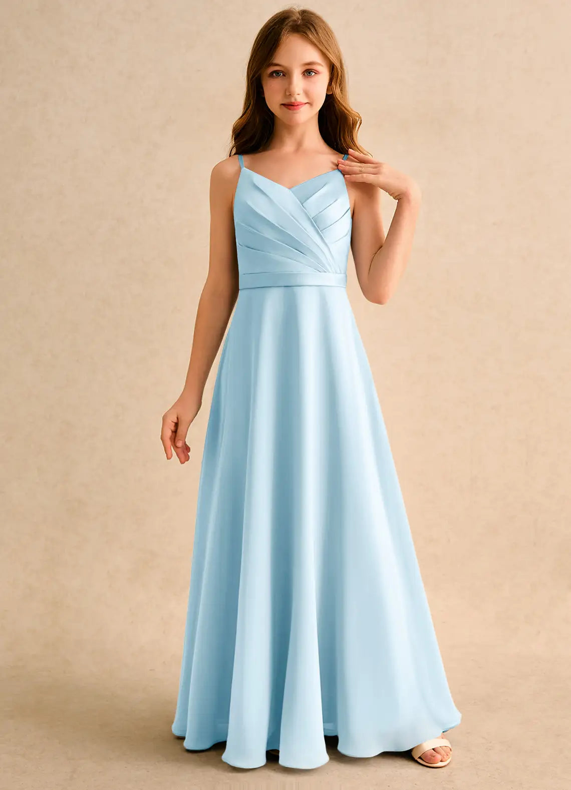 Spaghetti Strap V-Neck Pleated Bodice Crisscross Back Light Blue Chiffon Full-Length Junior Bridesmaid Dresses