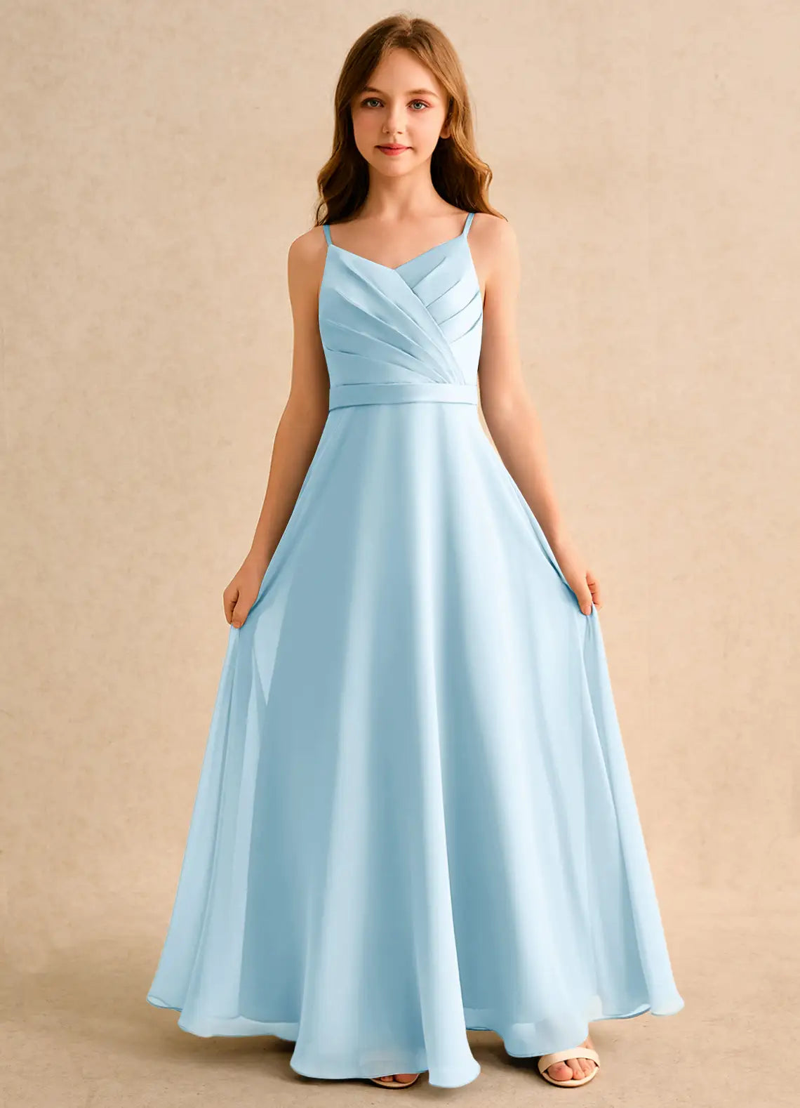 Spaghetti Strap V-Neck Pleated Bodice Crisscross Back Light Blue Chiffon Full-Length Junior Bridesmaid Dresses