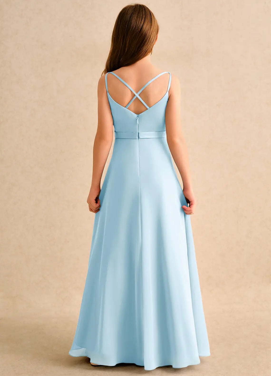 Spaghetti Strap V-Neck Pleated Bodice Crisscross Back Light Blue Chiffon Full-Length Junior Bridesmaid Dresses