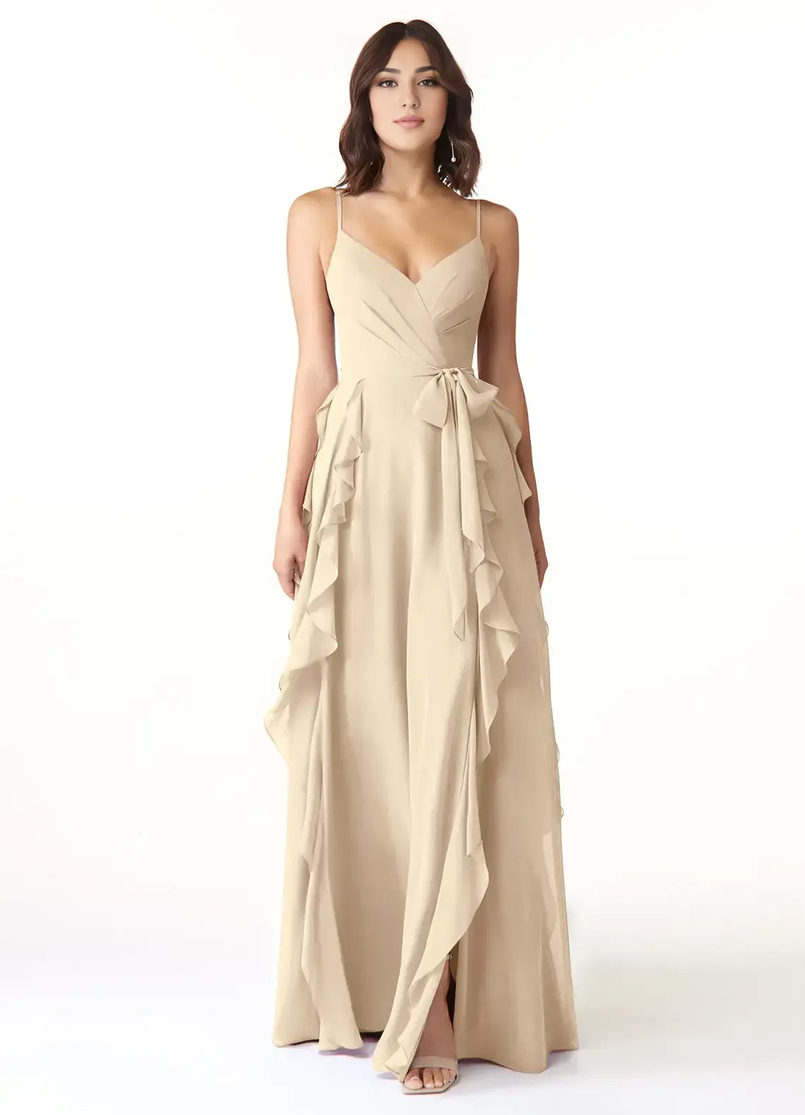 Spaghetti Strap V Neck Sash Bow Cascading Ruffle High Slit A Line Chiffon Bridesmaid Dress